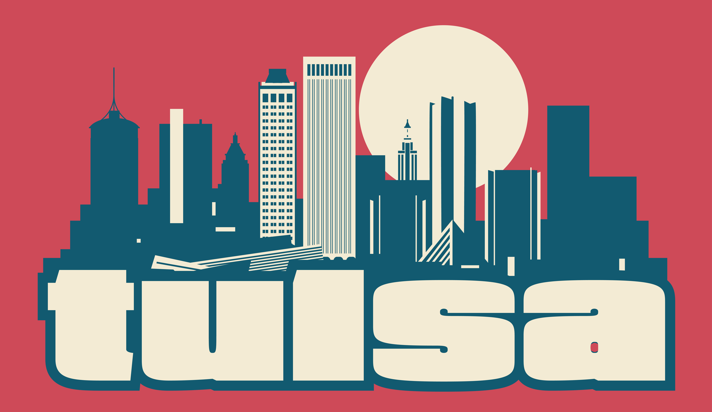 Drawn picture of the Tulsa skyline with Tulsa written in large font below